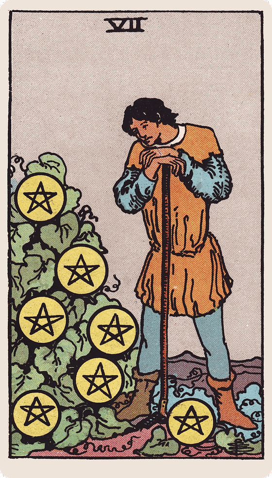 The Seven of Pentacles tarot card