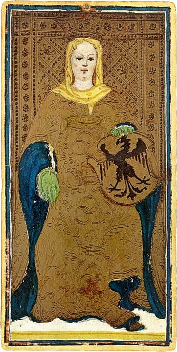 The Empress card from the Visconti-Sforza Tarot, part of the oldest tarot deck in history, showing ornate medieval artwork that shaped the origin of tarot cards.