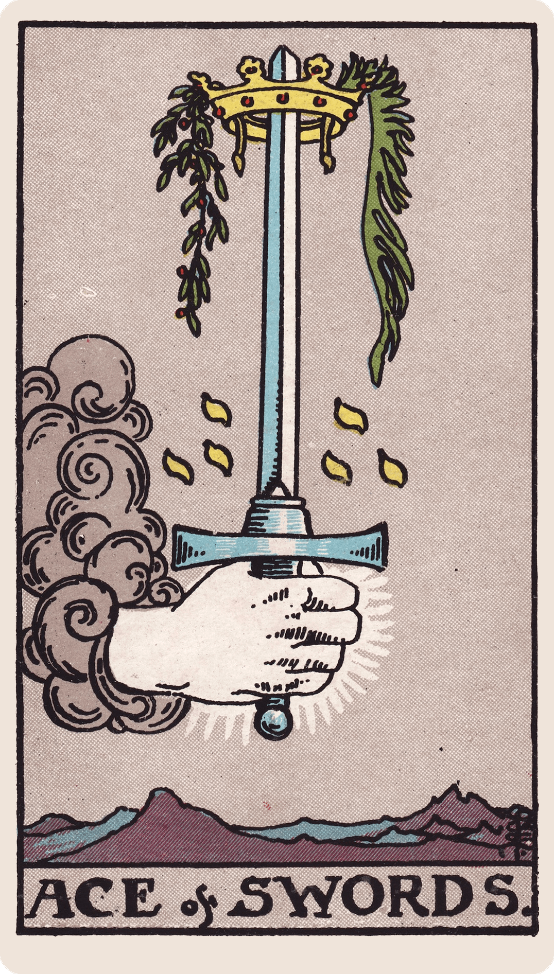 Ace of Swords tarot card with its symbols marked