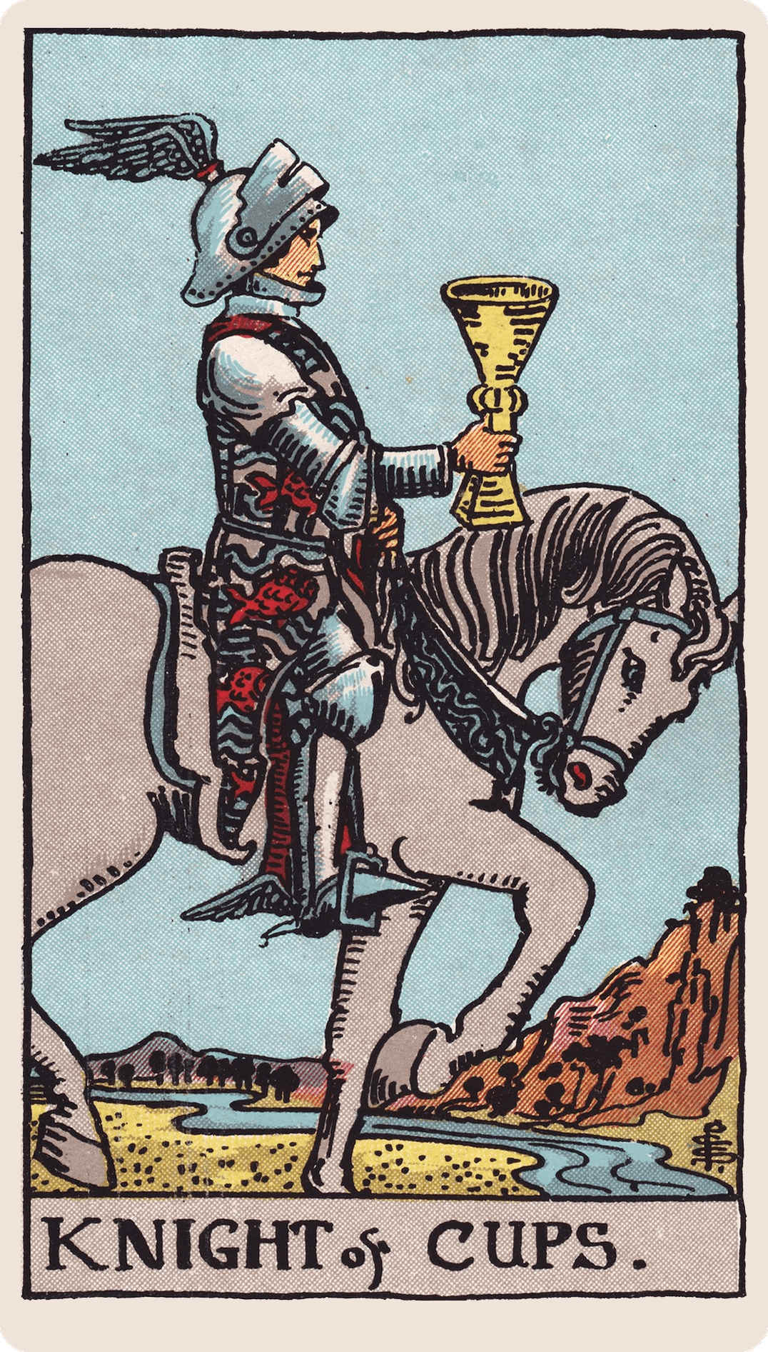 Knight of Cups tarot card with its symbols marked