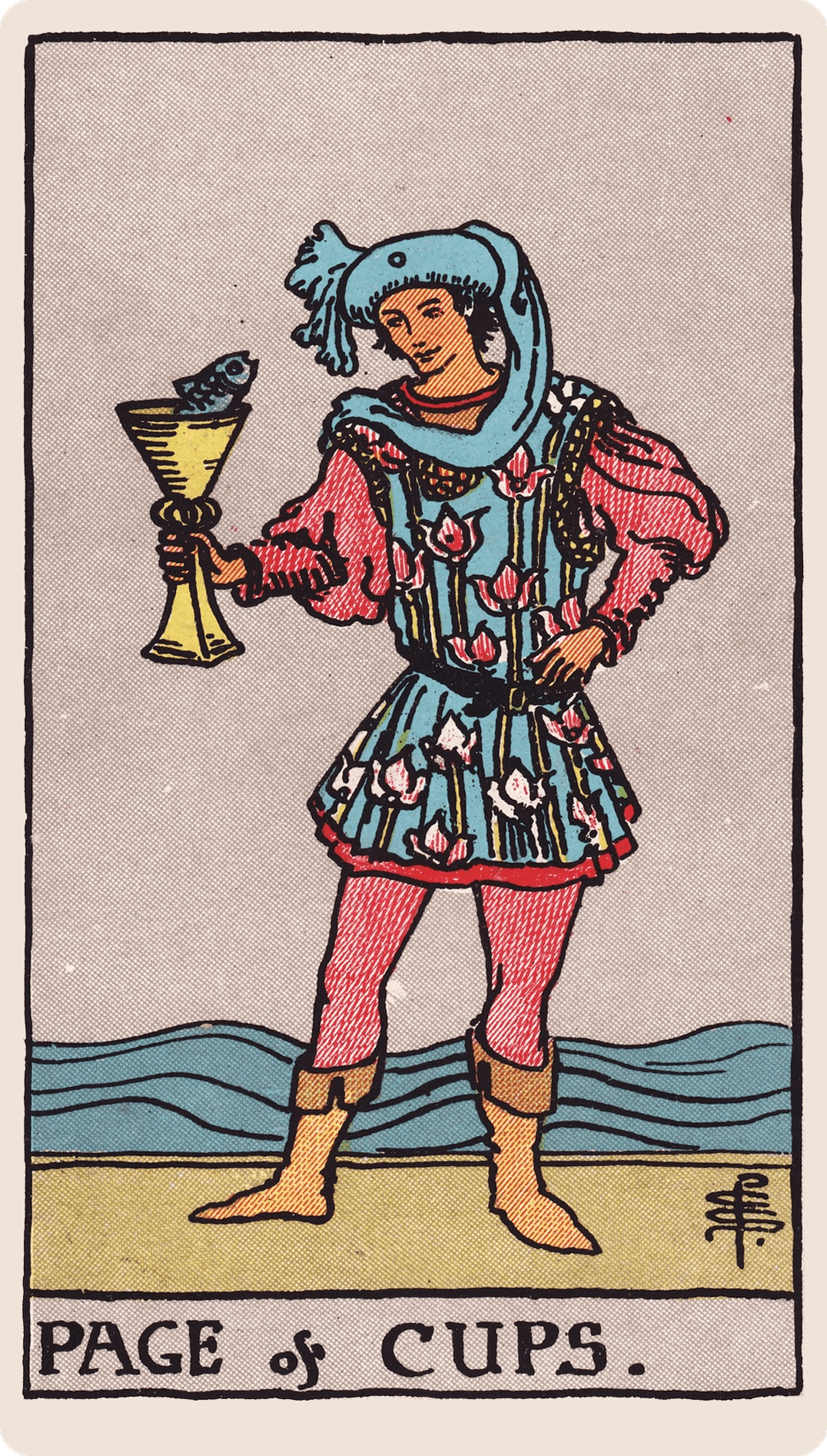 Page of Cups tarot card with its symbols marked