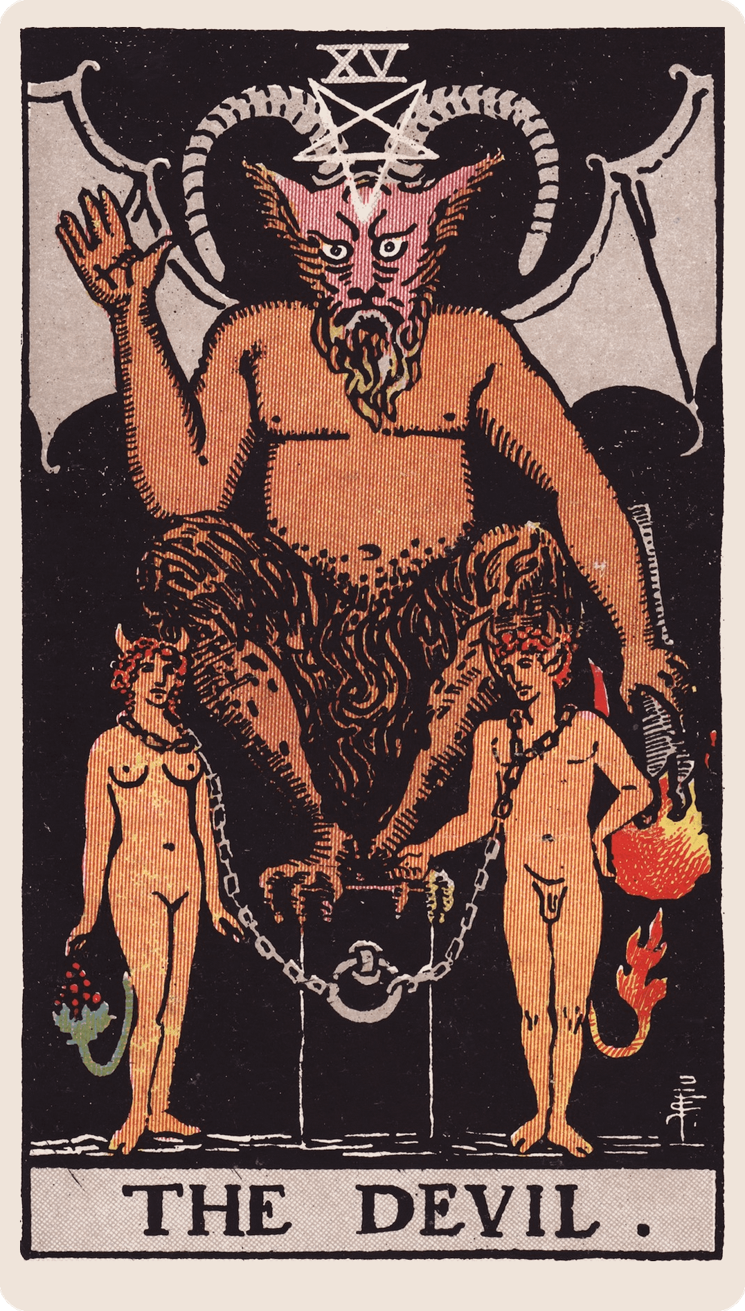 The Devil tarot card with its symbols marked