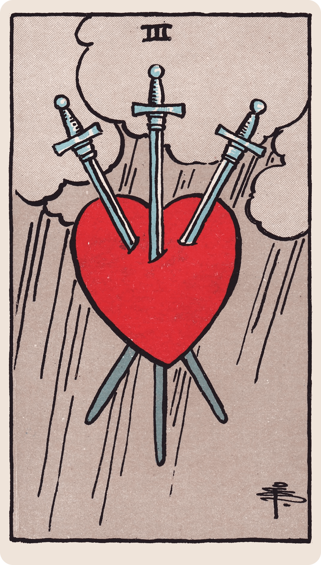 Three of Swords tarot card with its symbols marked