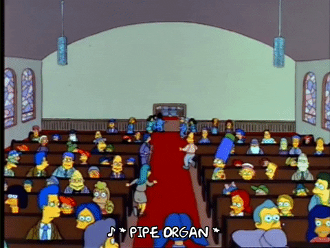 the Simpsons leaving church.