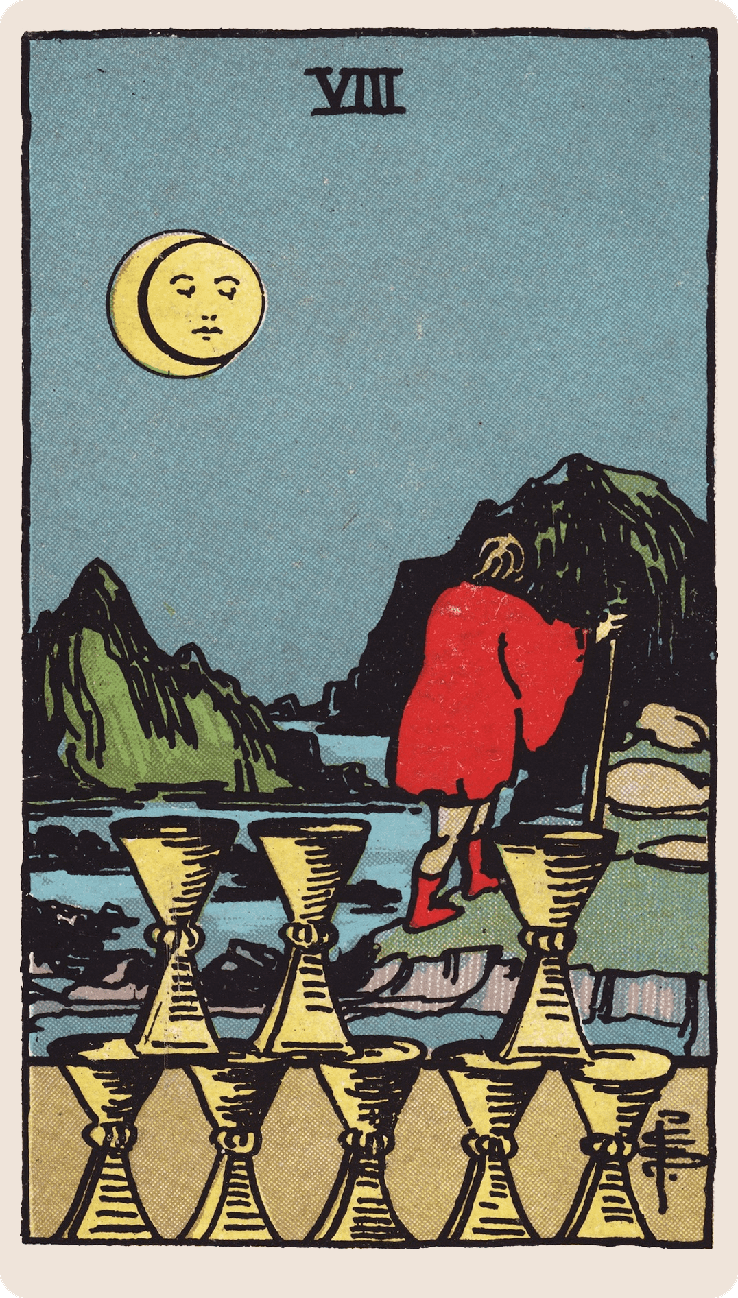 Eight of Cups tarot card with its symbols marked