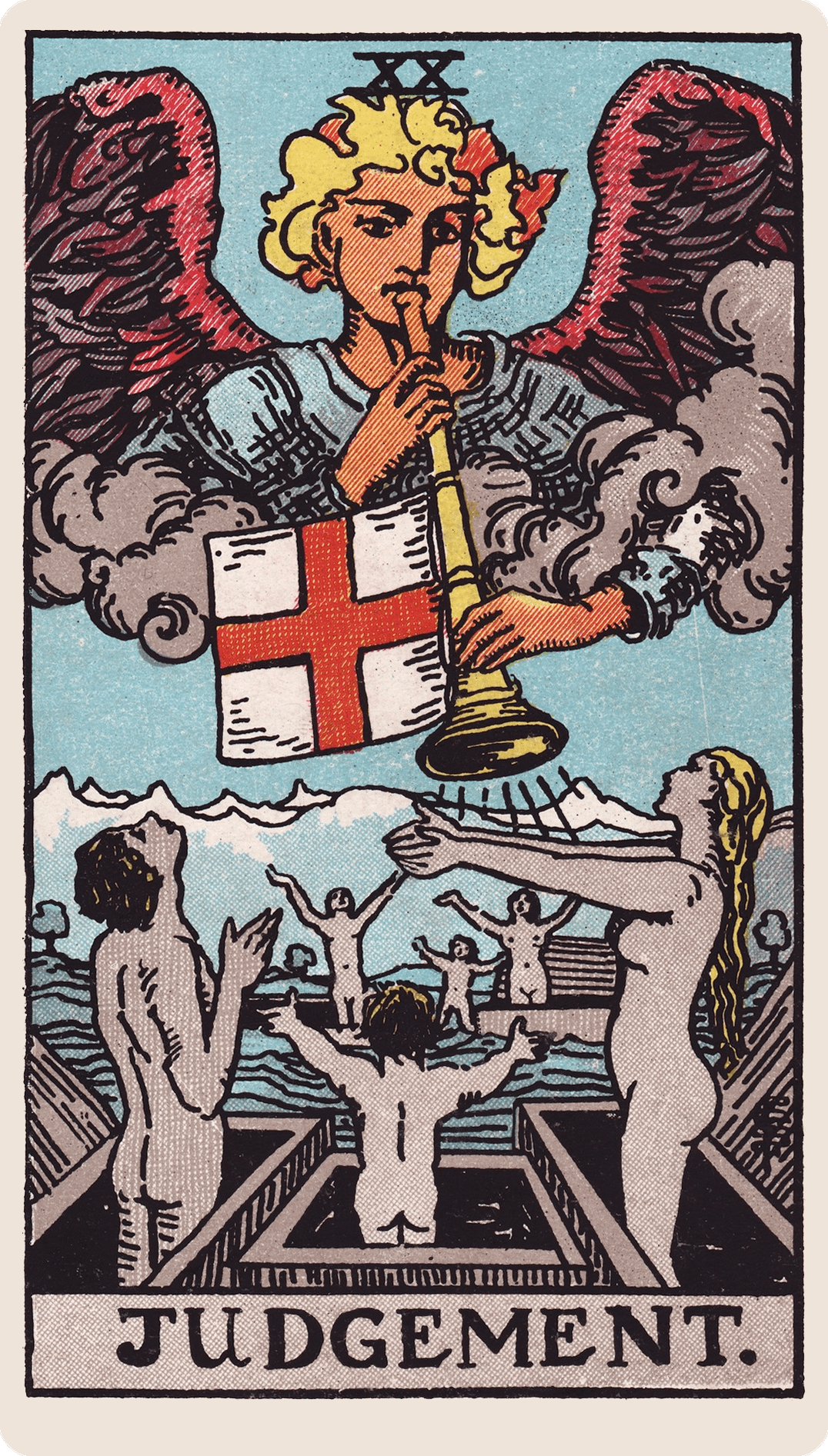 Judgement tarot card with its symbols marked