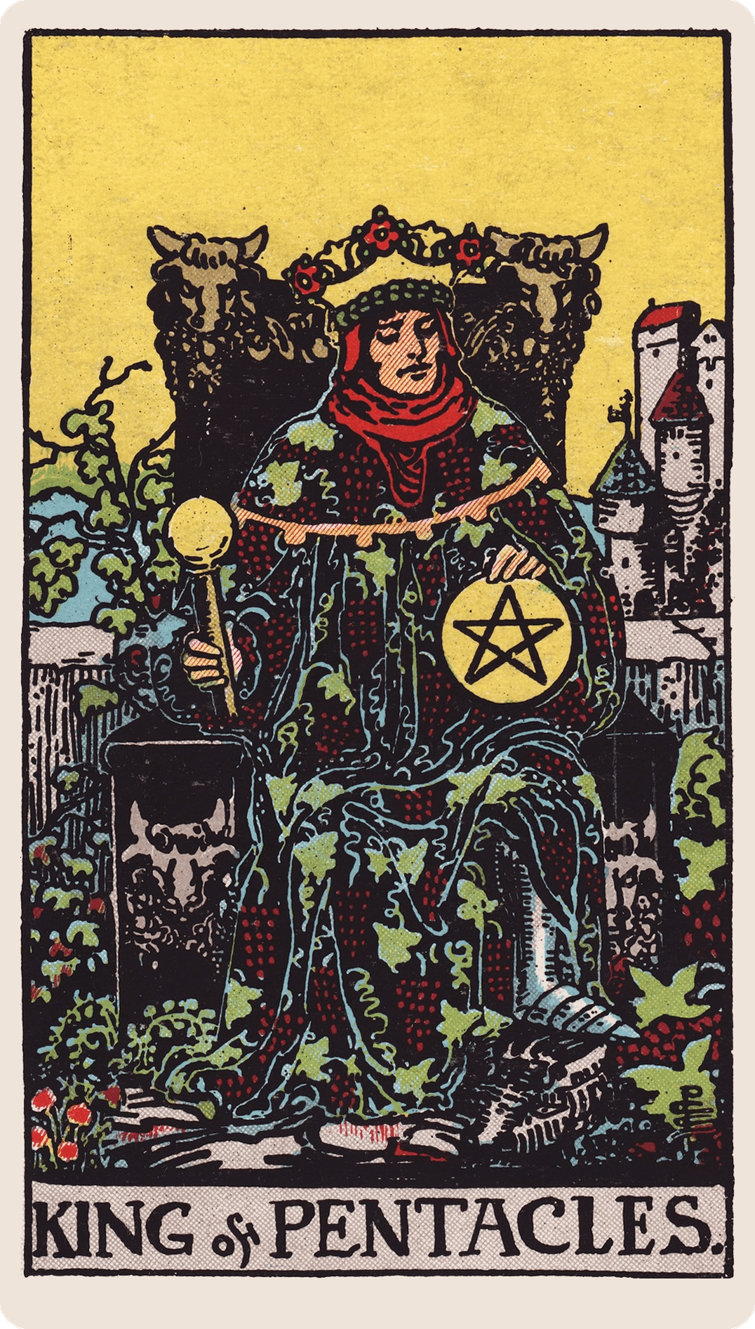 King of Pentacles tarot card with its symbols marked