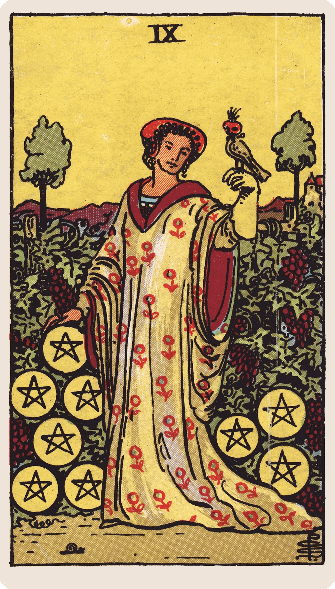 Nine of Pentacles tarot card with its symbols marked