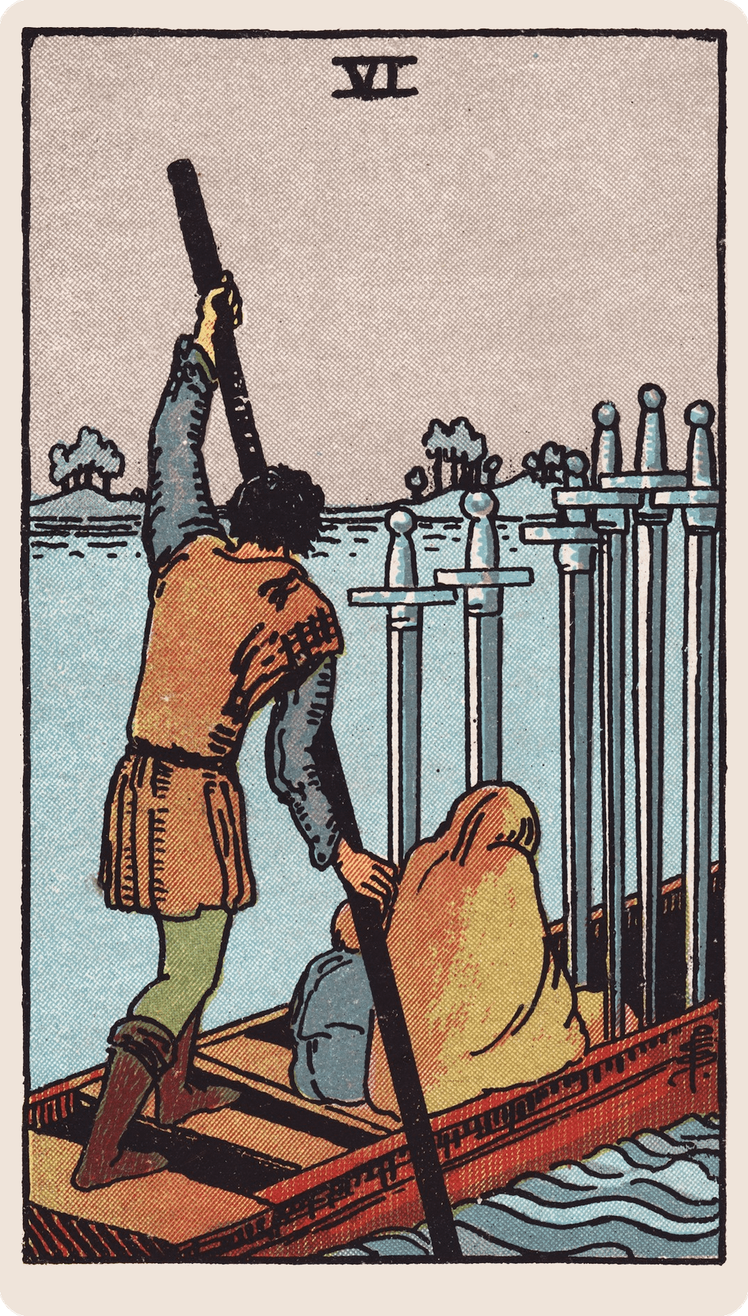 Six of Swords tarot card with its symbols marked