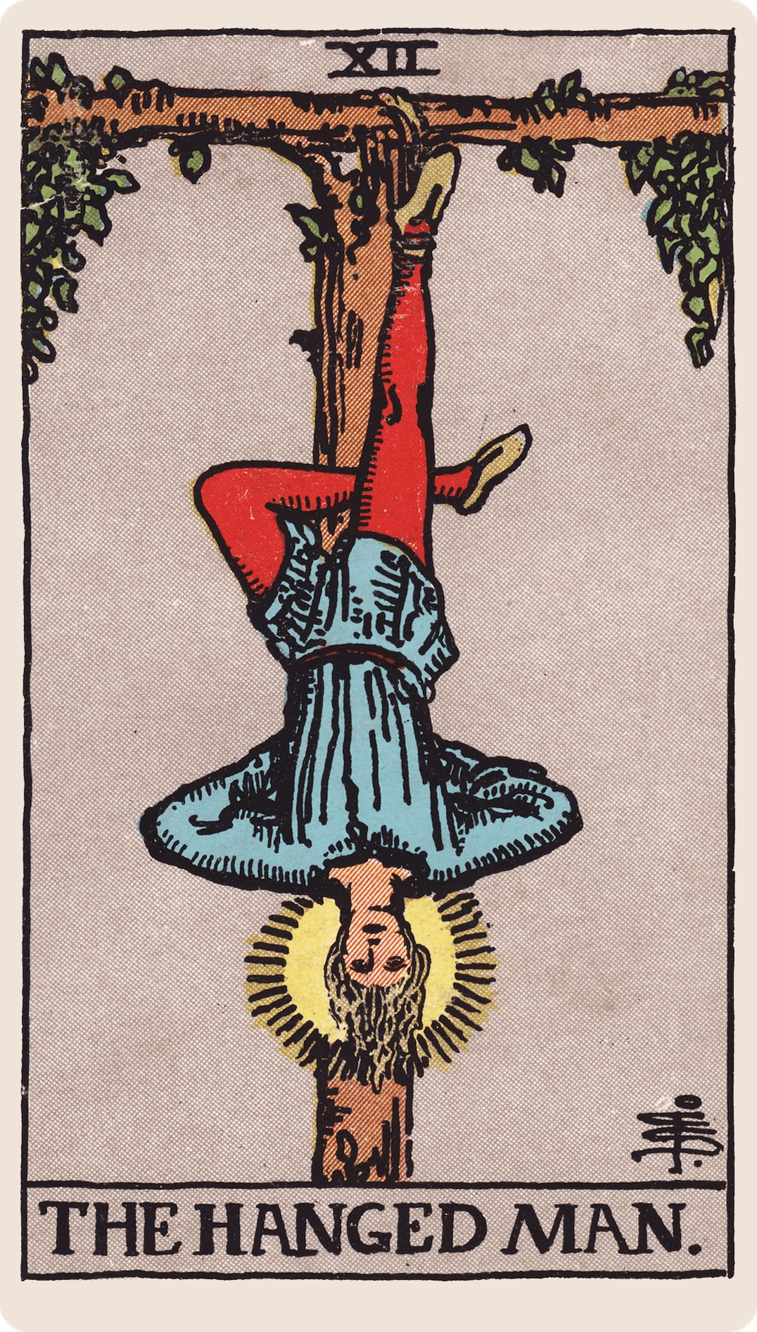The Hanged One tarot card with its symbols marked