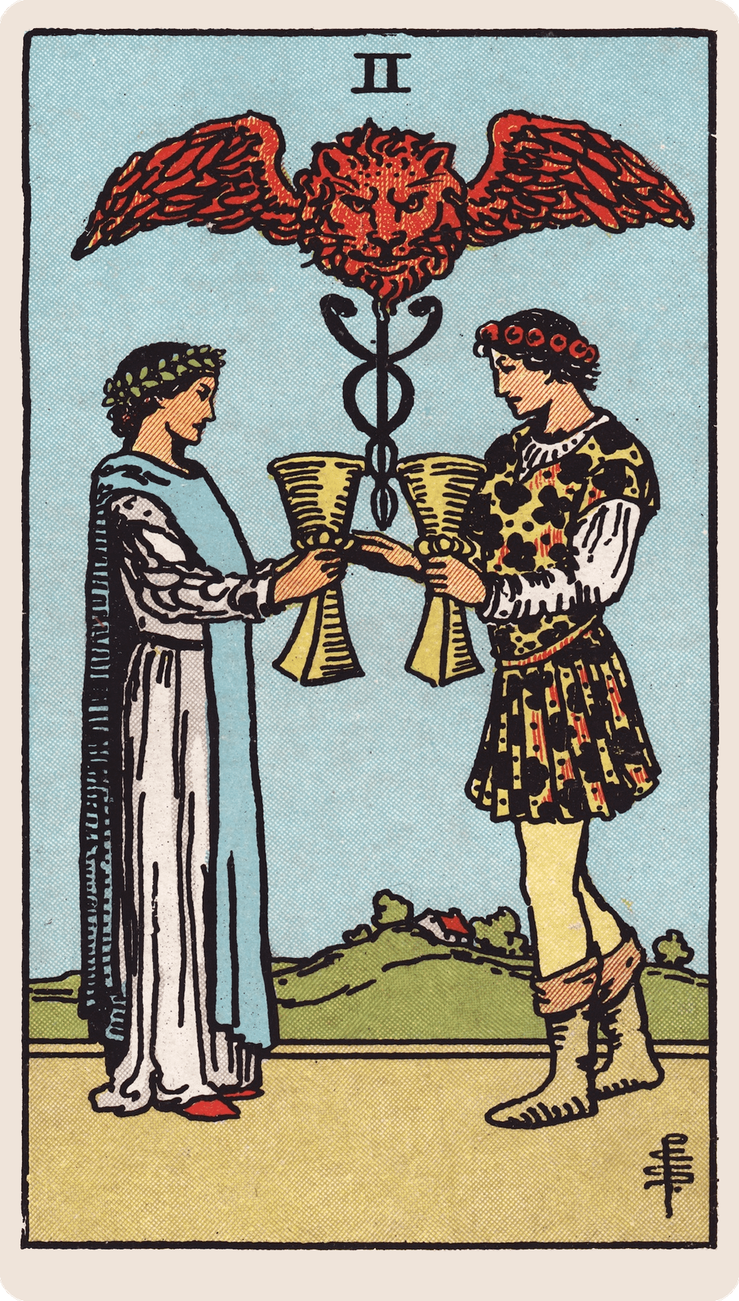 Two of Cups tarot card with its symbols marked