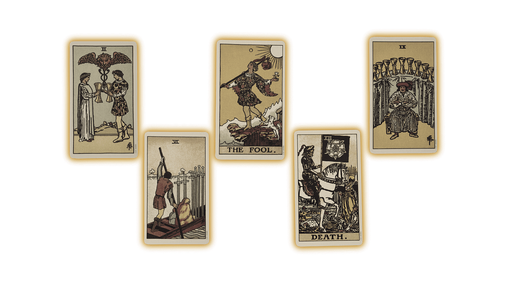 Five Tarot Cards in a Spread. A mixture of the Major Arcana and the Minor Arcana.