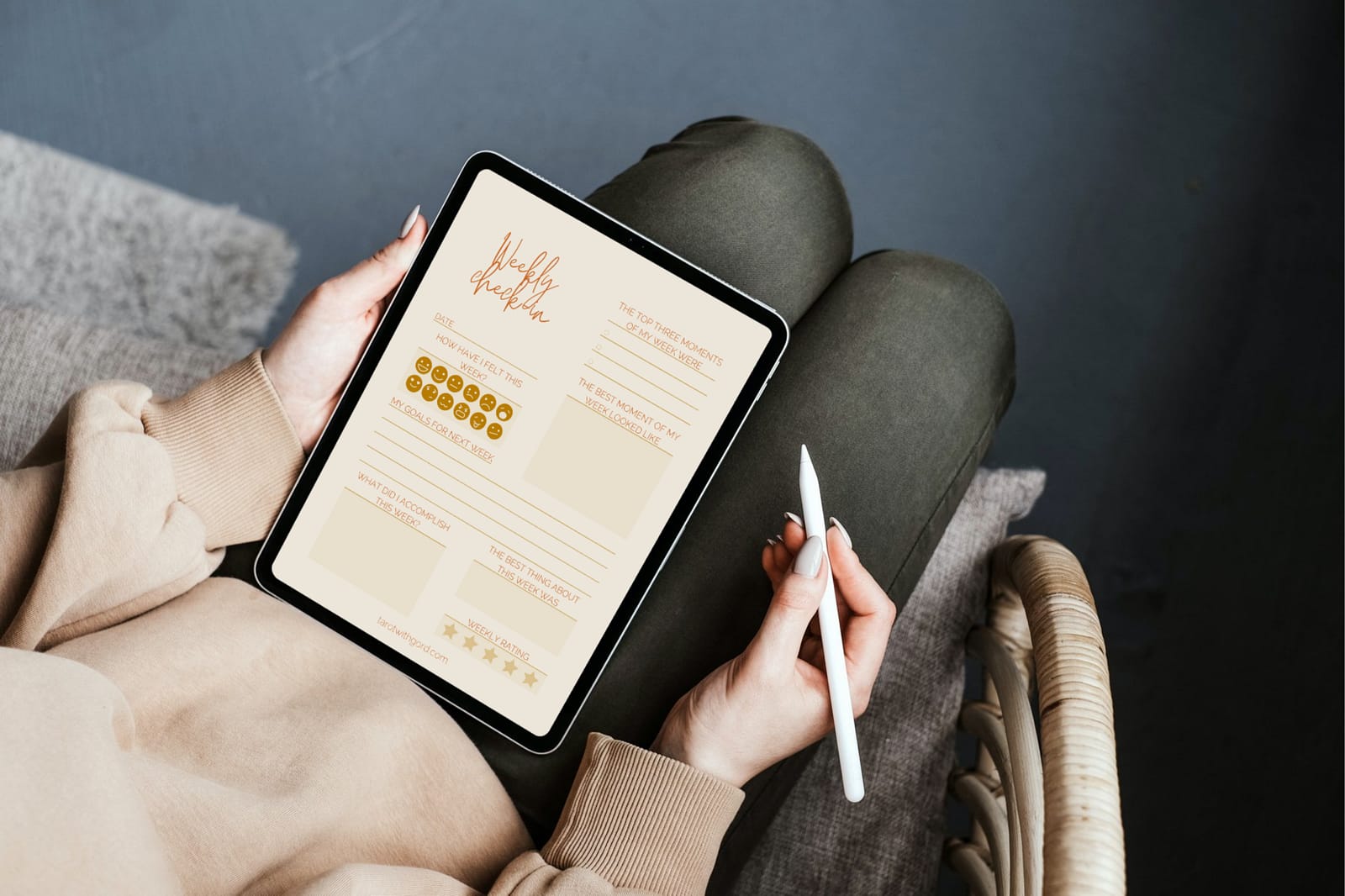 Somebody filling out the Weekly-Check-In digital journal using an iPad with an Apple Pencil.