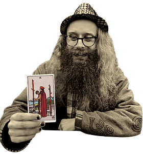 Gord holding the Two of Wands card