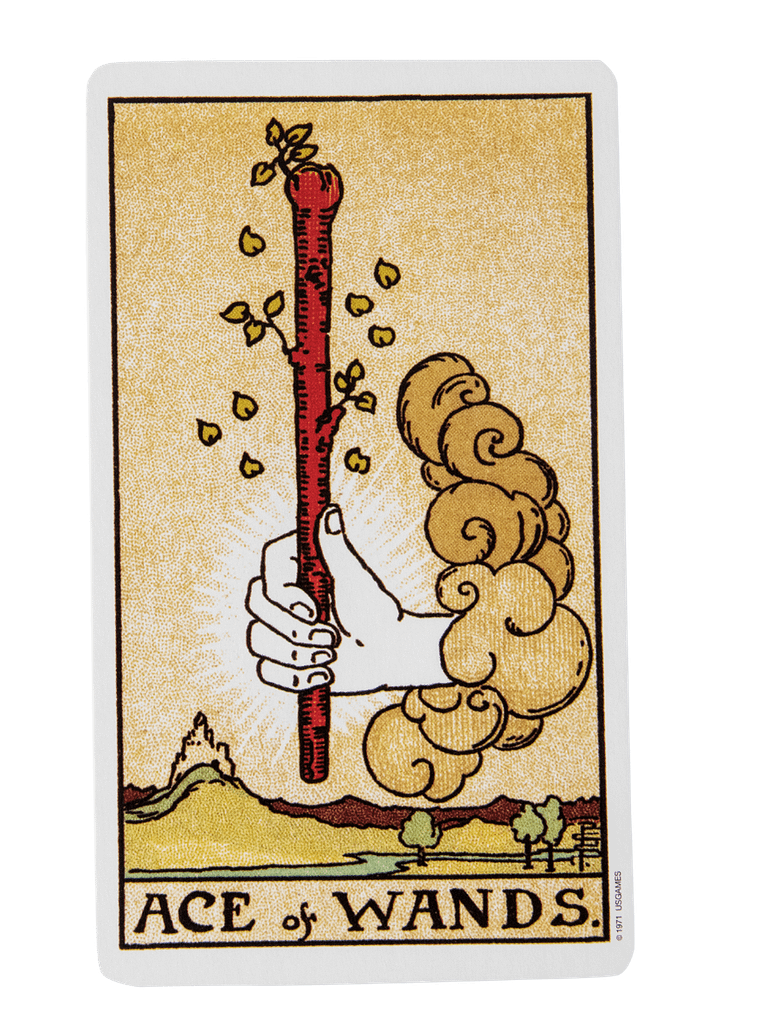 Ace of Wands tarot card from the Rider-Waite-Smith tarot deck.