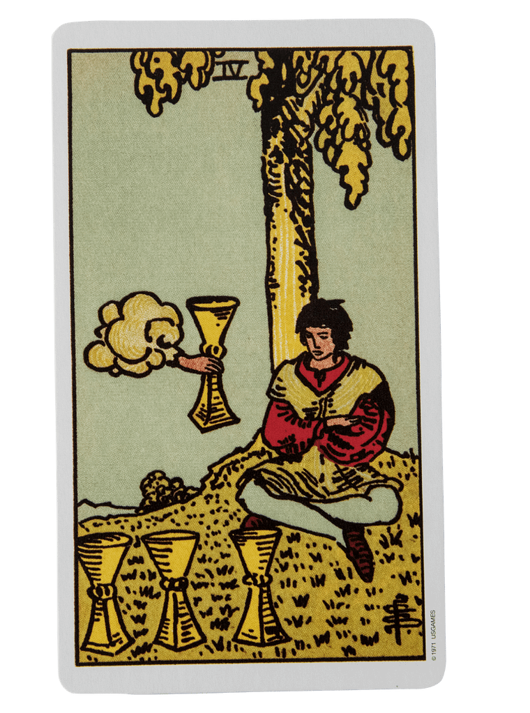 Four of Cups tarot card from the Rider-Waite-Smith tarot deck.