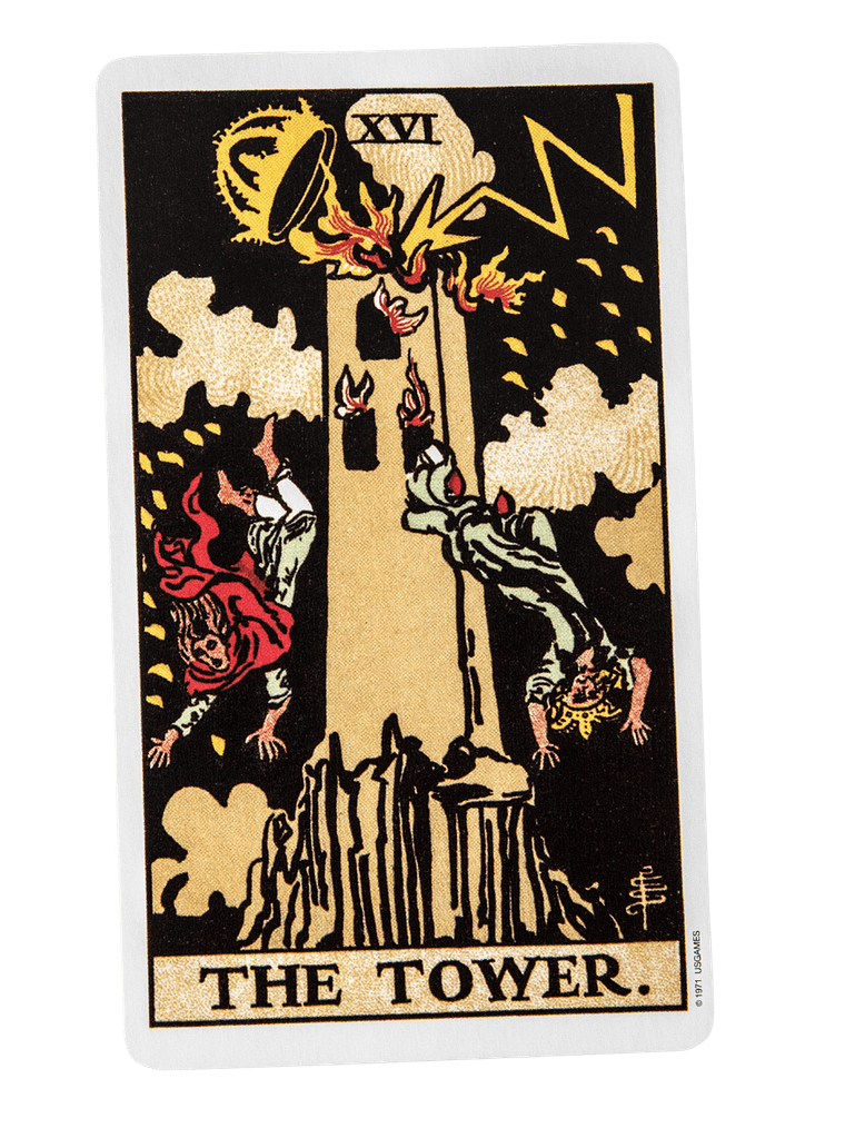 Illustration of The Tower, often seen as the worst tarot card for sudden upheaval, featuring a tall structure struck by lightning and symbolising forced change.