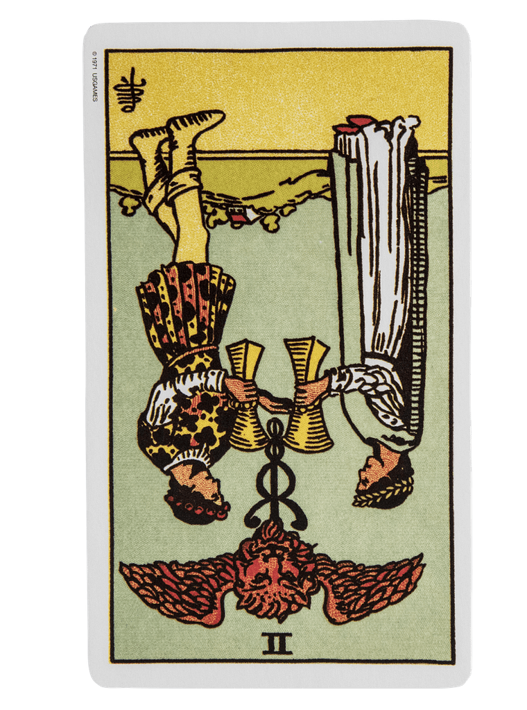 Reversed Two of Cups image, often labelled the worst tarot card in relationships, portraying two overturned cups to highlight emotional disconnection.
