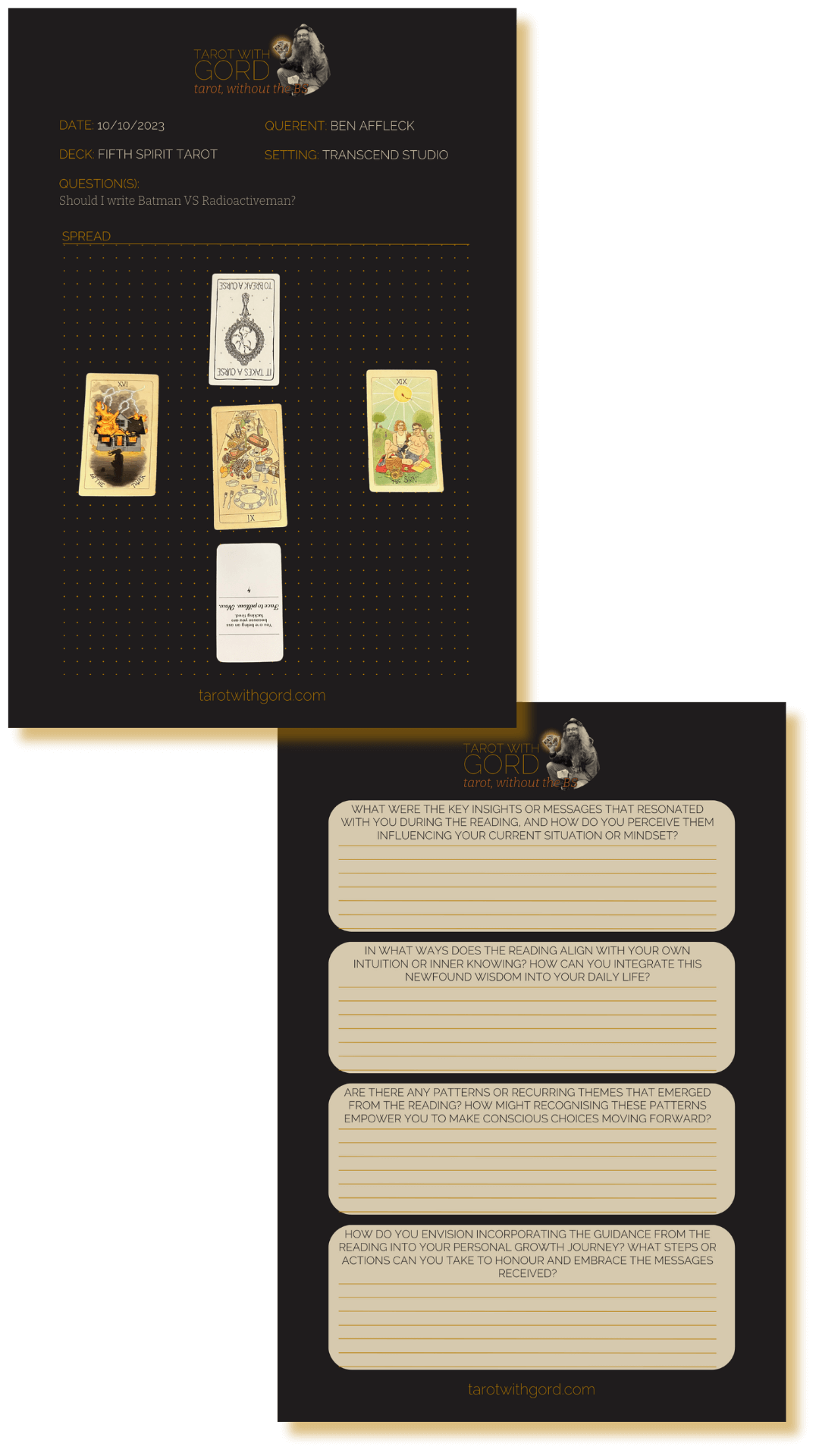 Example Reflection Journal used within the Month Ahead Tarot Reading
