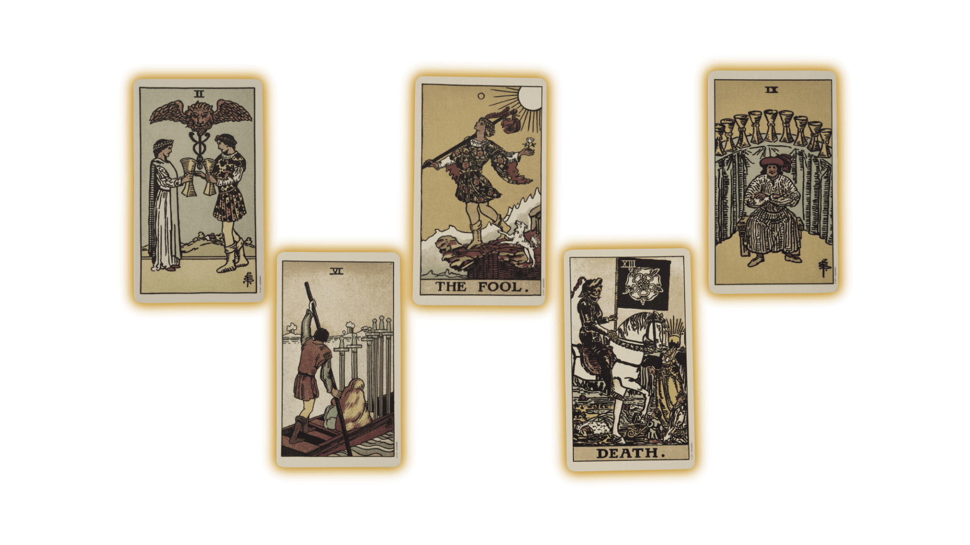 Five Tarot Cards in a Spread. A mixture of the Major Arcana and the Minor Arcana.