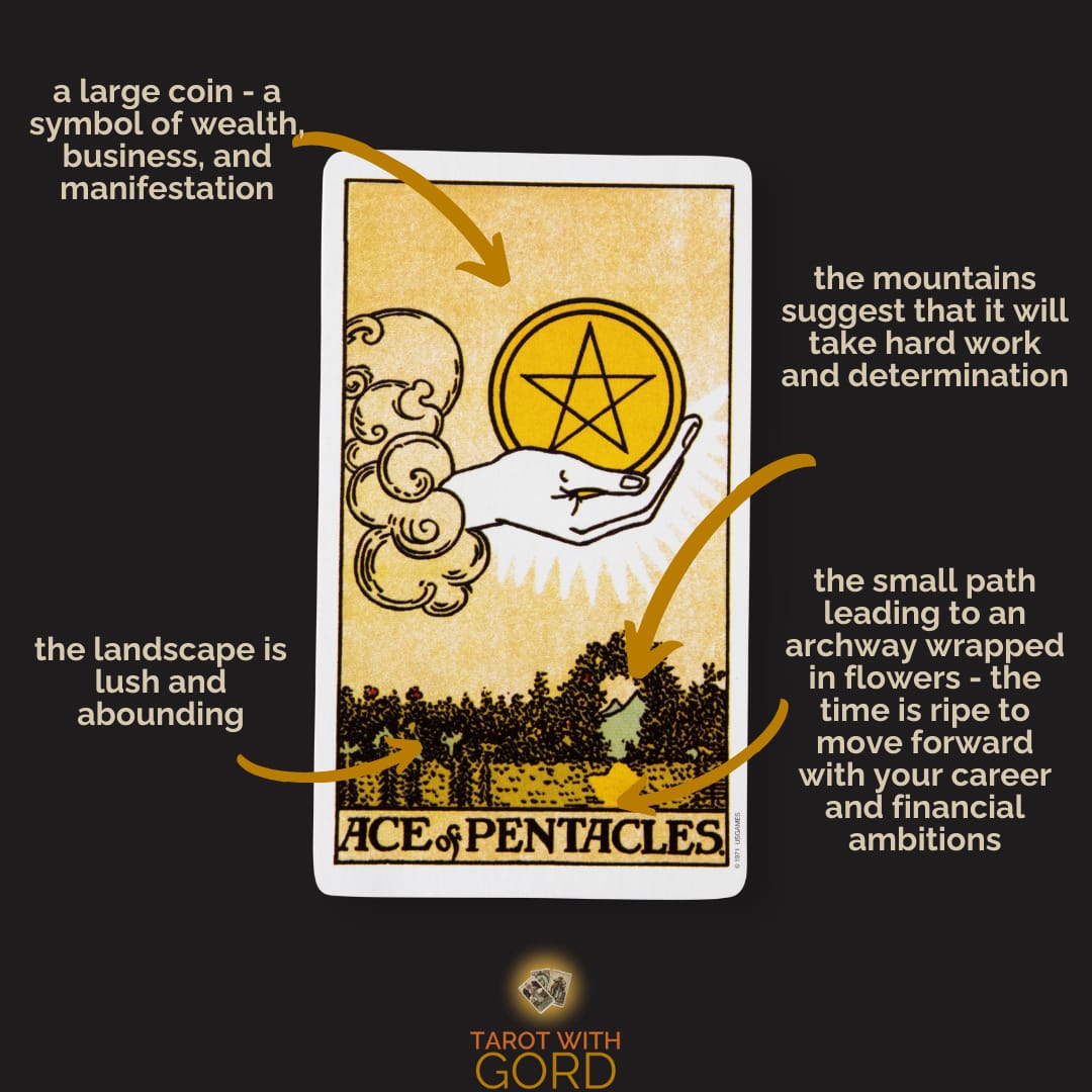 An image of the Ace of Pentacles tarot card with annotations describing its symbolic elements: "a large coin - a symbol of wealth, business, and manifestation," "the landscape is lush and abounding," "the mountains suggest that it will take hard work and determination," and "the small path leading to an archway wrapped in flowers - the time is ripe to move forward with your career and financial ambitions."