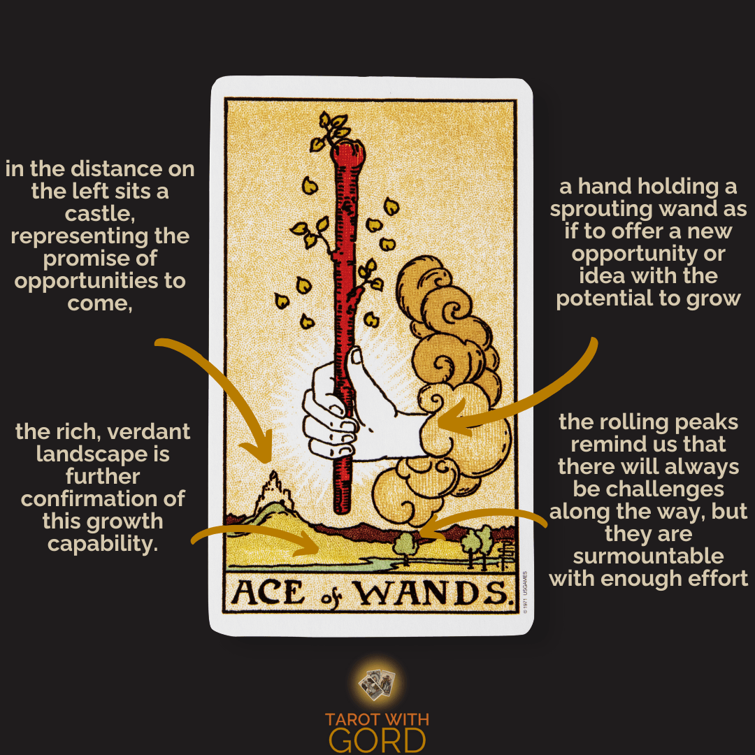 An image of the Ace of Wands tarot card with annotations describing its symbolic elements: "a hand holding a sprouting wand as if to offer a new opportunity or idea with the potential to grow," "the rolling peaks remind us that there will always be challenges along the way, but they are surmountable with enough effort," "the rich, verdant landscape is further confirmation of this growth capability," and "in the distance on the left sits a castle, representing the promise of opportunities to come."