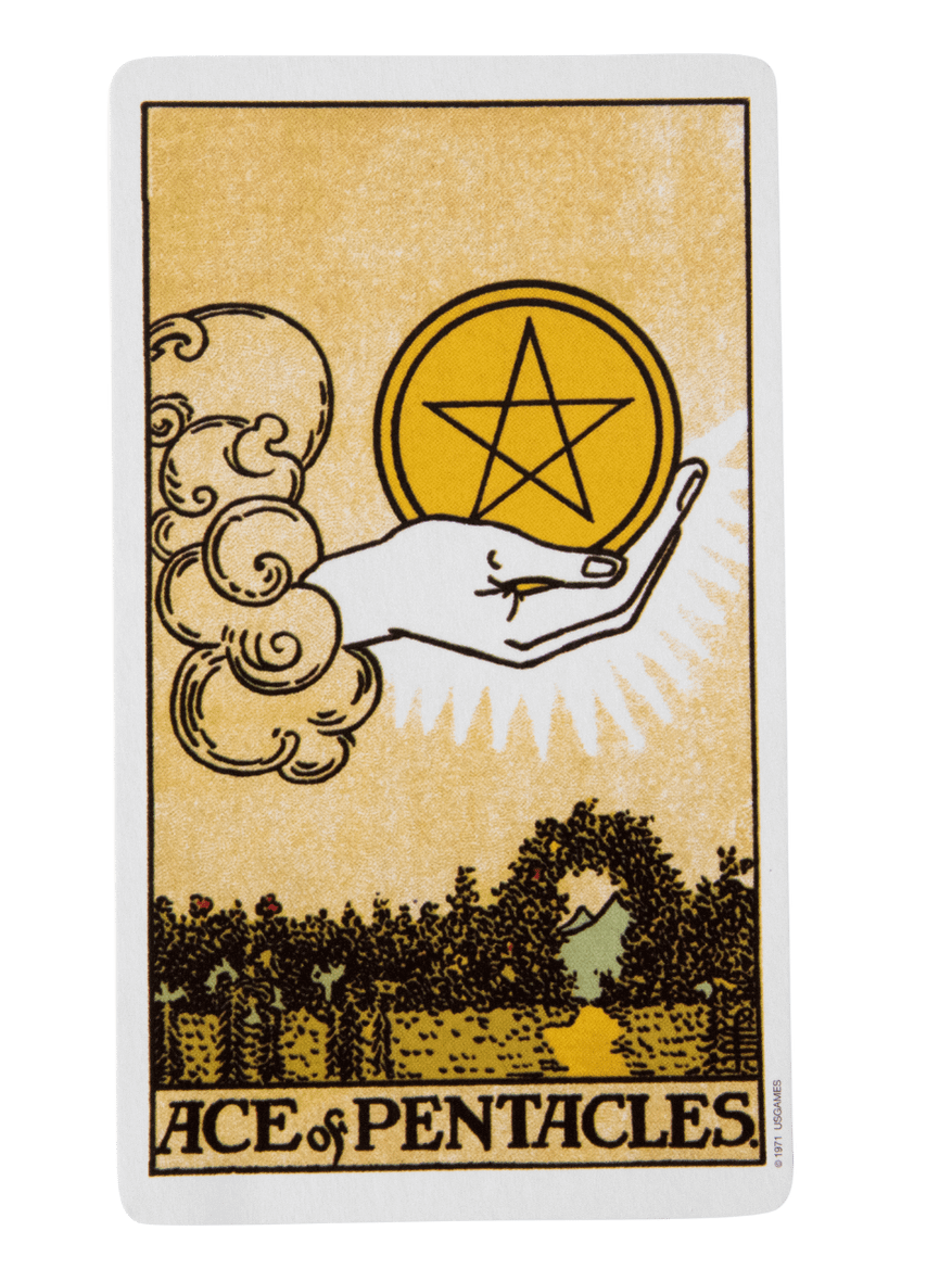 Ace of Pentacles tarot card from the Rider-Waite-Smith tarot deck.