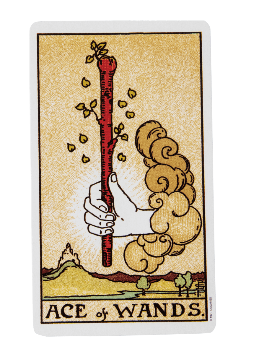 Ace of Wands tarot card from the Rider-Waite-Smith tarot deck.