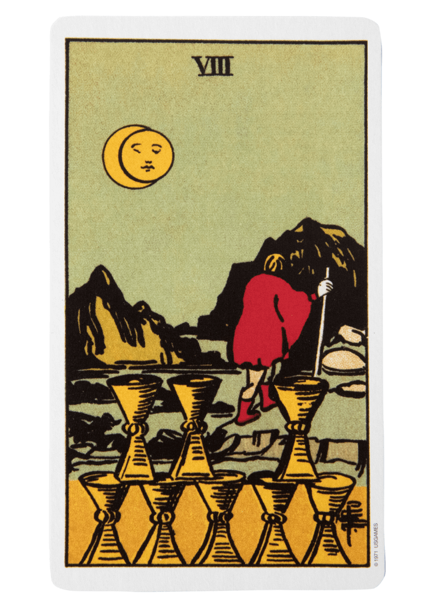 Eight of Cups tarot card from the Rider-Waite-Smith tarot deck.