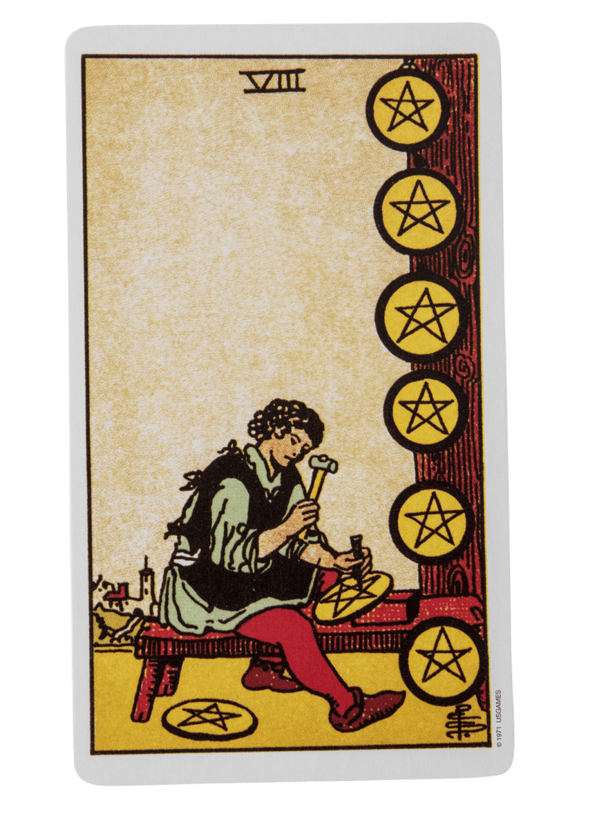 Eight of Pentacles tarot card from the Rider-Waite-Smith tarot deck.