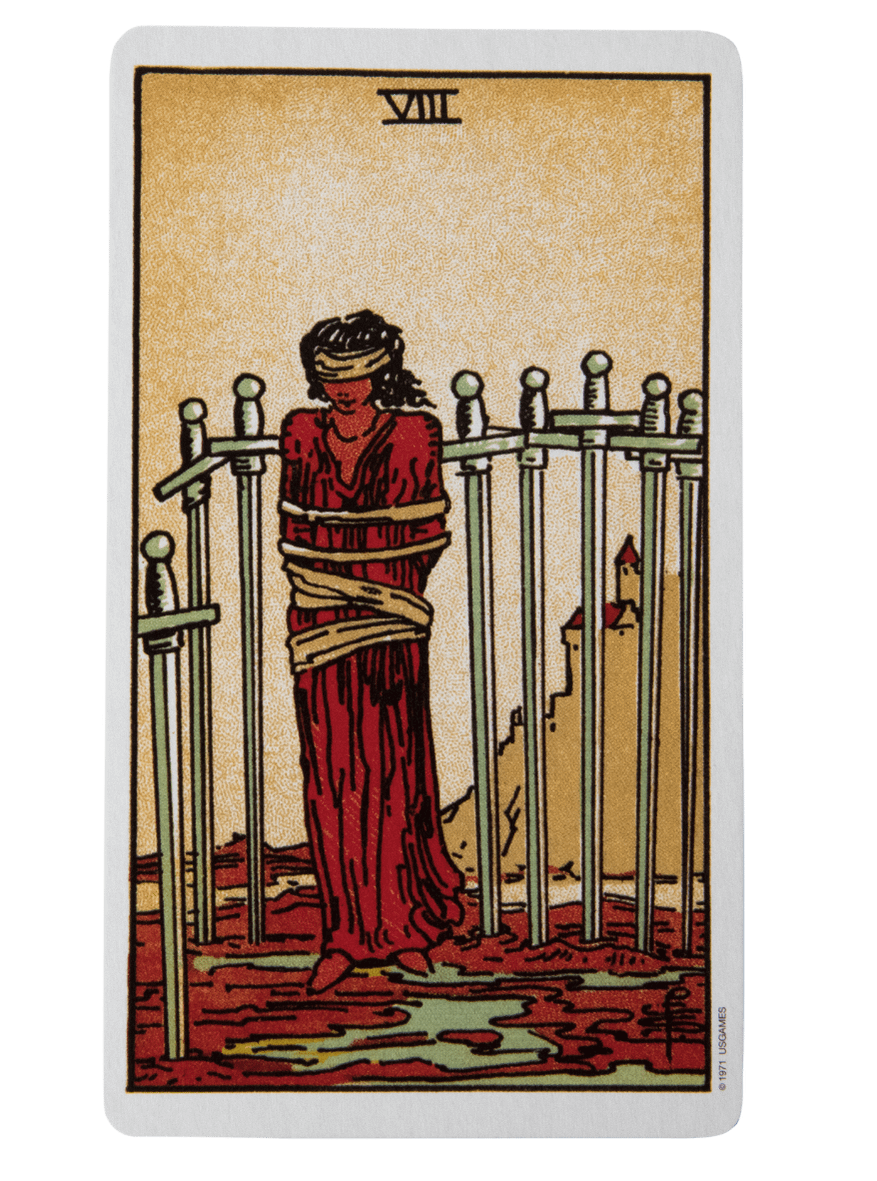 Eight of Swords tarot card from the Rider-Waite-Smith tarot deck.