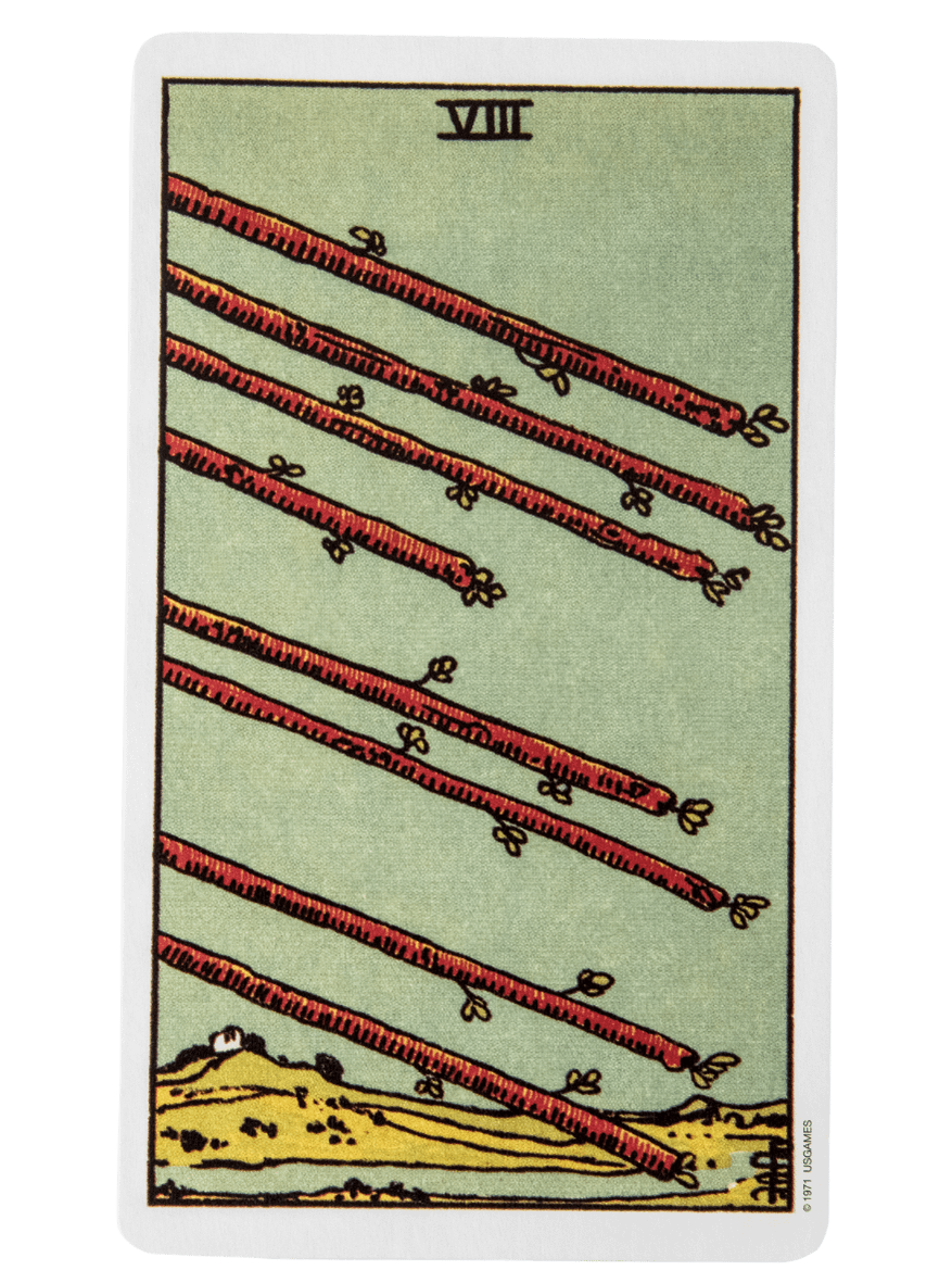 Eight of Wands tarot card from the Rider-Waite-Smith tarot deck.
