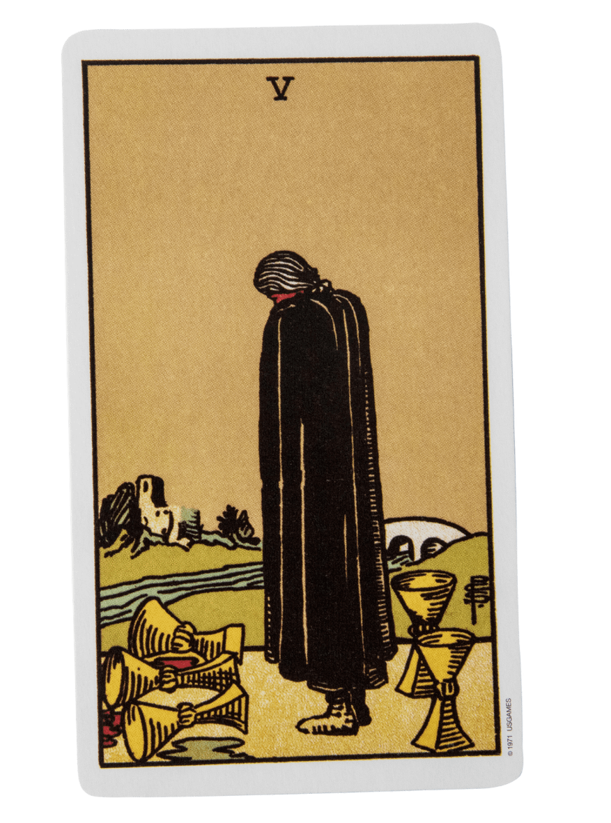 Five of Cups tarot card from the Rider-Waite-Smith tarot deck.