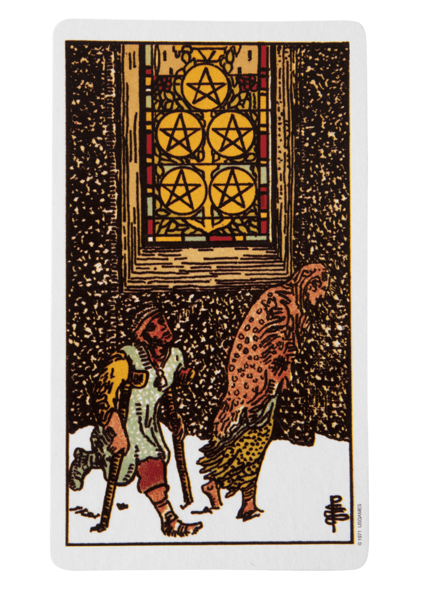 Five of Pentacles tarot card from the Rider-Waite-Smith tarot deck.