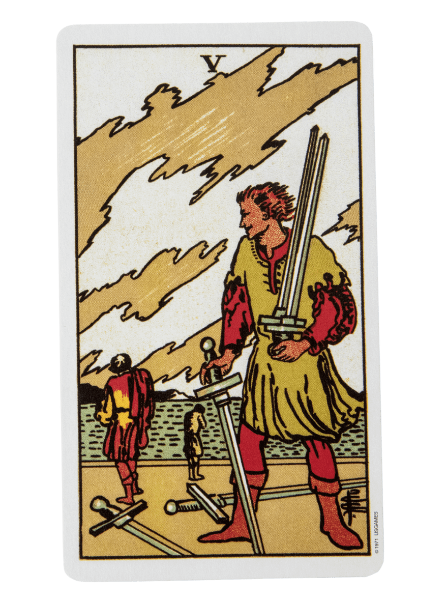 Five of Swords tarot card from the Rider-Waite-Smith tarot deck.