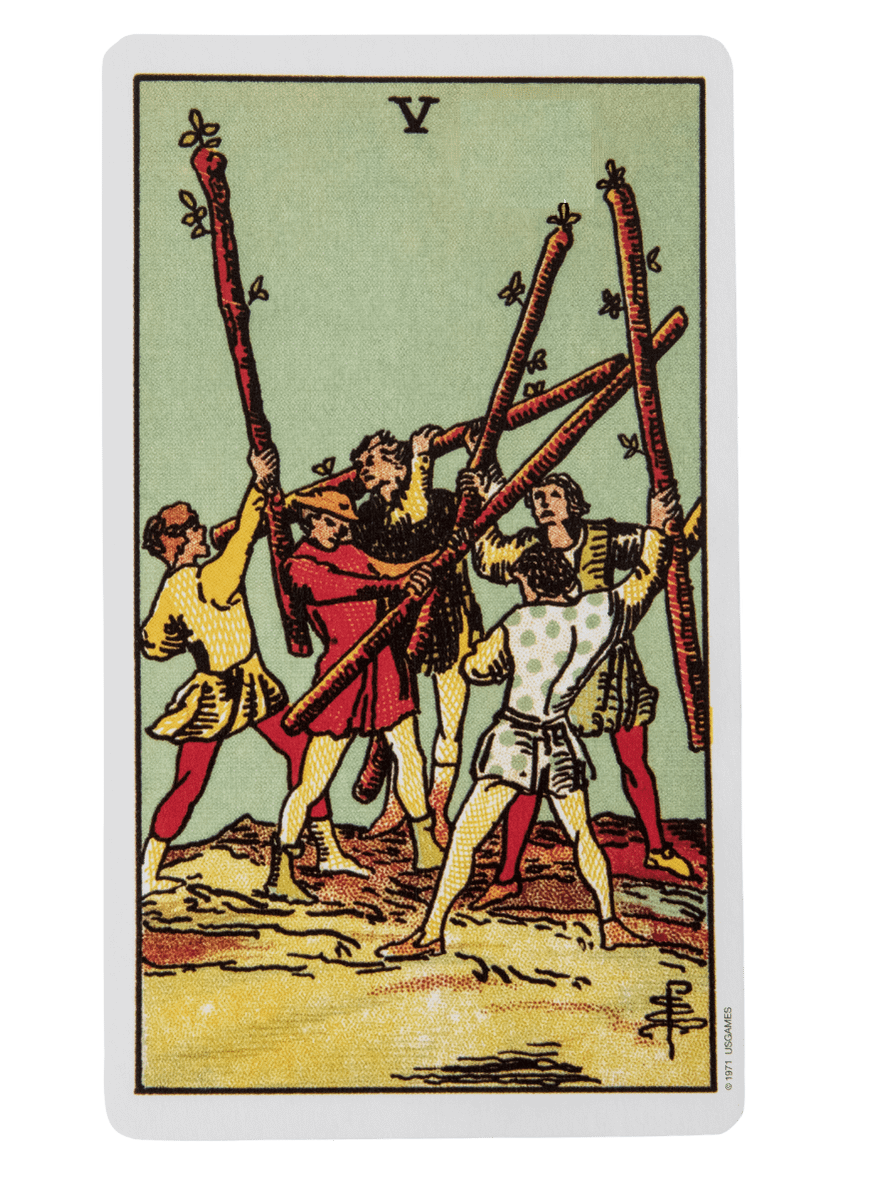 Five of Wands tarot card from the Rider-Waite-Smith tarot deck.