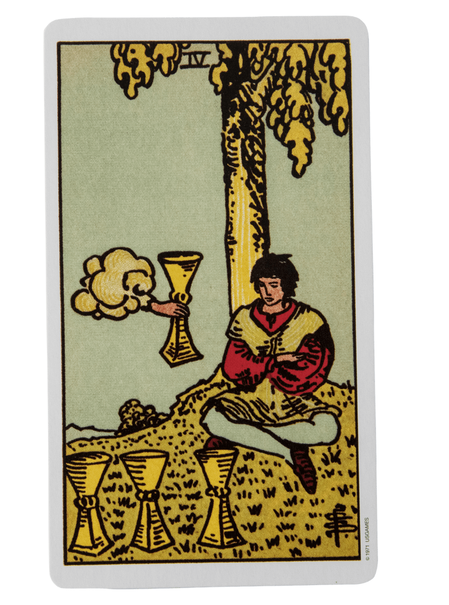 Four of Cups tarot card from the Rider-Waite-Smith tarot deck.