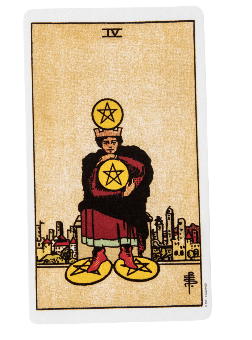 Four of Pentacles tarot card from the Rider-Waite-Smith tarot deck.