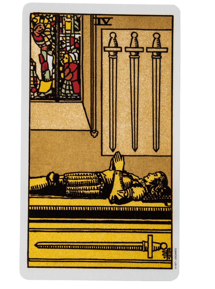 Four of Swords tarot card from the Rider-Waite-Smith tarot deck.