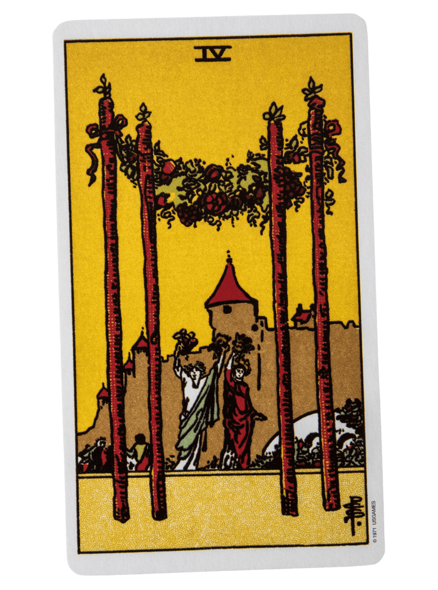 Four of Wands tarot card from the Rider-Waite-Smith tarot deck.