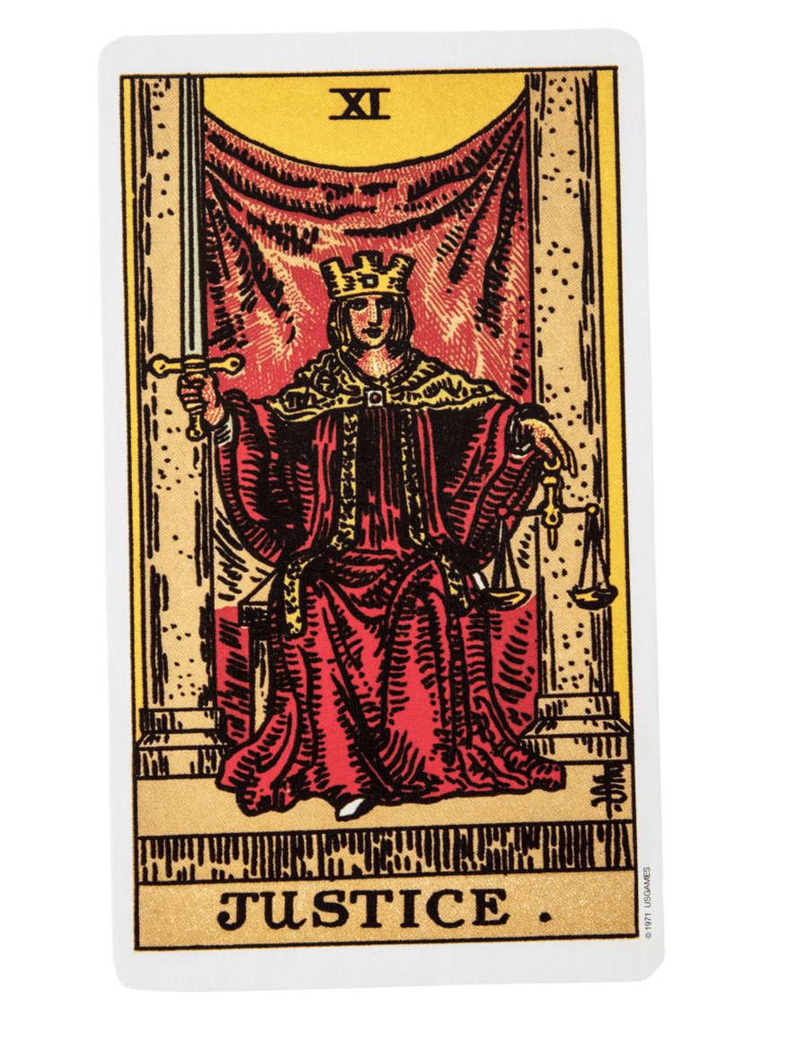 Justice tarot card from the Rider-Waite-Smith tarot deck.