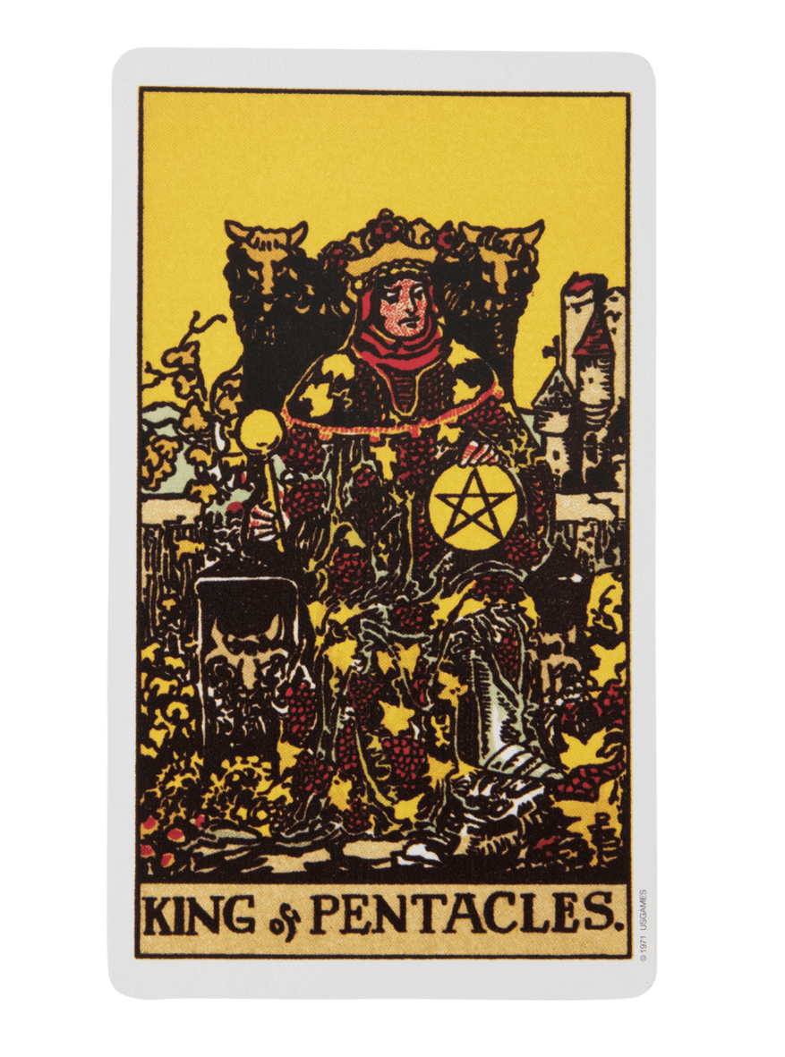 King of Pentacles tarot card from the Rider-Waite-Smith tarot deck.