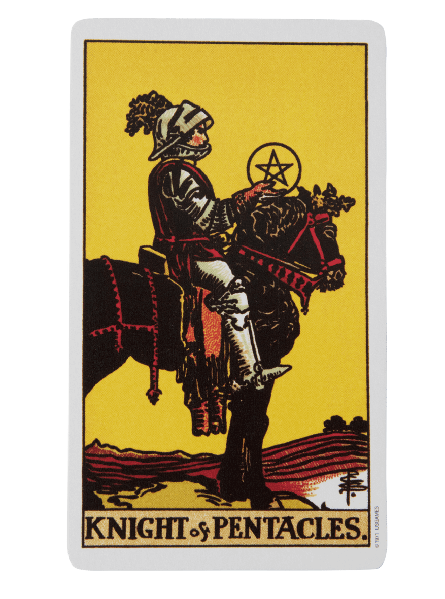 Knight of Pentacles tarot card from the Rider-Waite-Smith tarot deck.