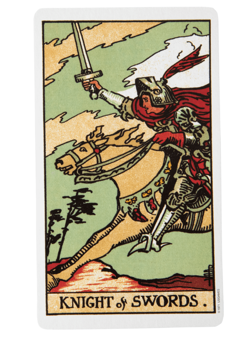 Knight of Swords tarot card from the Rider-Waite-Smith tarot deck.