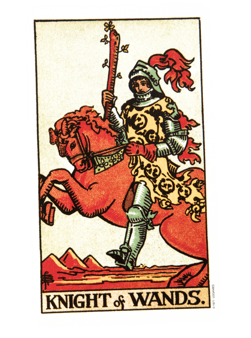 Knight of Wands tarot card from the Rider-Waite-Smith tarot deck.
