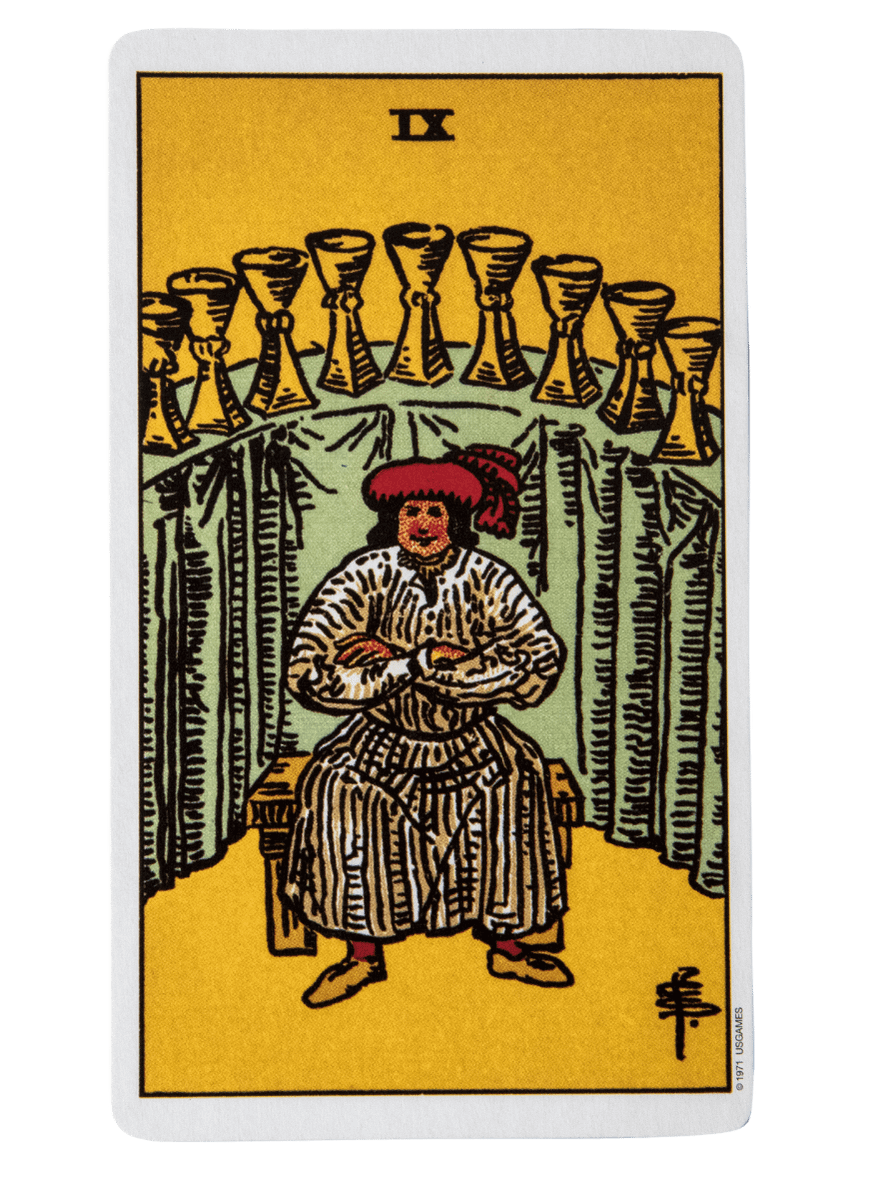 Nine of Cups tarot card from the Rider-Waite-Smith tarot deck.