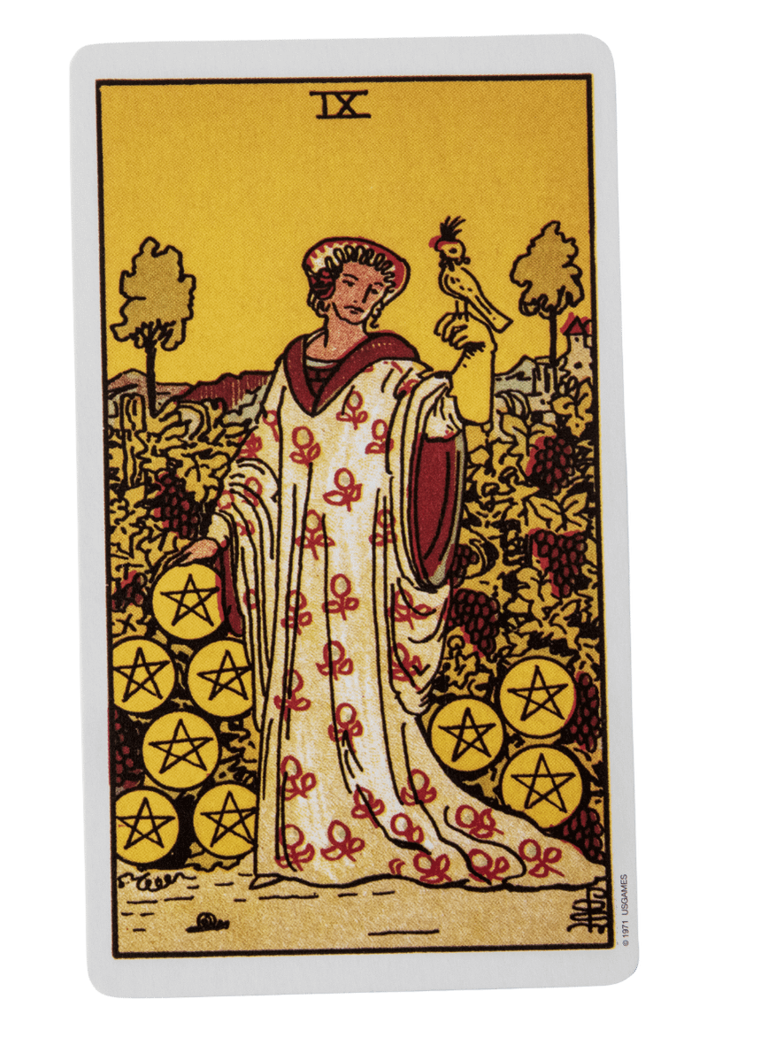 Nine of Pentacles tarot card from the Rider-Waite-Smith tarot deck.