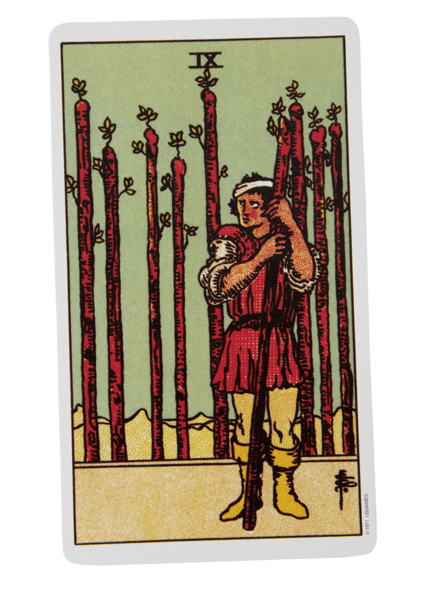 Nine of Wands tarot card from the Rider-Waite-Smith tarot deck.