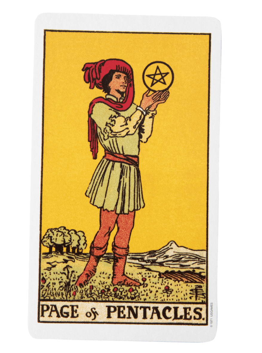 Page of Pentacles tarot card from the Rider-Waite-Smith tarot deck.