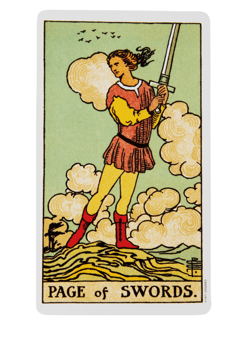 Page of Swords tarot card from the Rider-Waite-Smith tarot deck.